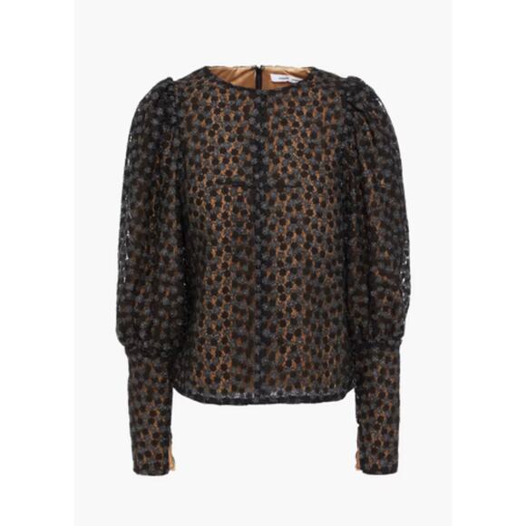 Samsoe Samsoe Pimo Blouse Black Floral Nude Overlay Bubble Long Sleeves EUC S - Picture 2 of 13